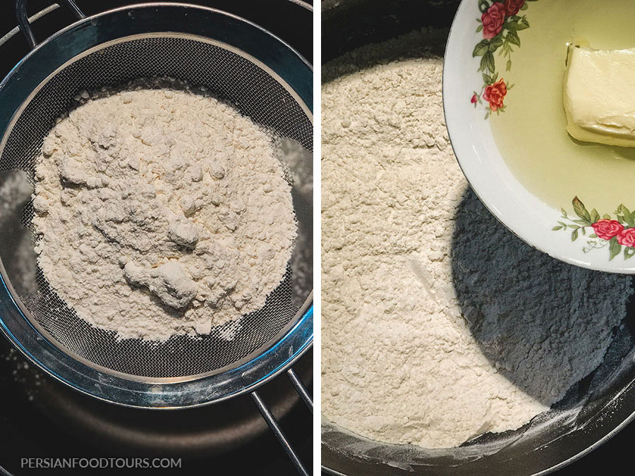 Adding oil and butter-Persian halva