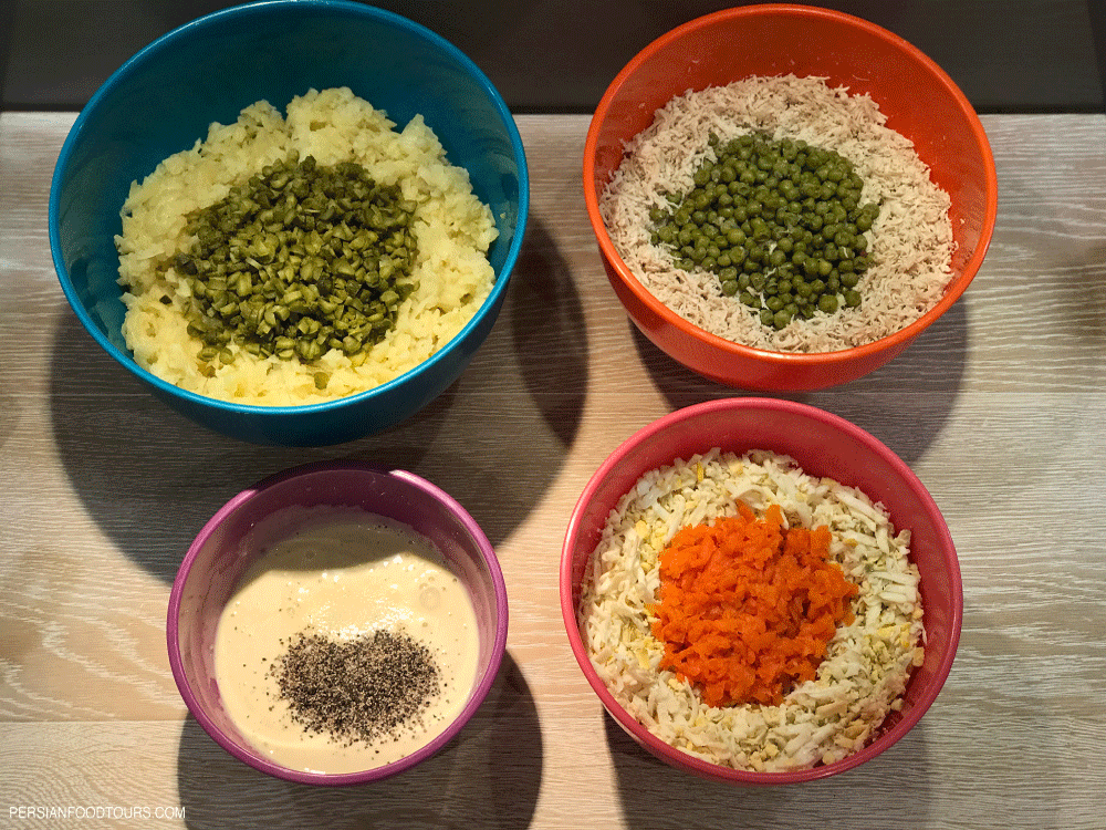 Diced ingredients for Salad Olivieh 