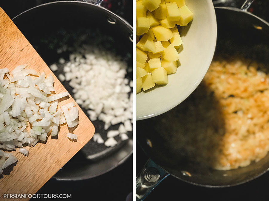 Adding onion and potatoes for Dami-e Gojeh
