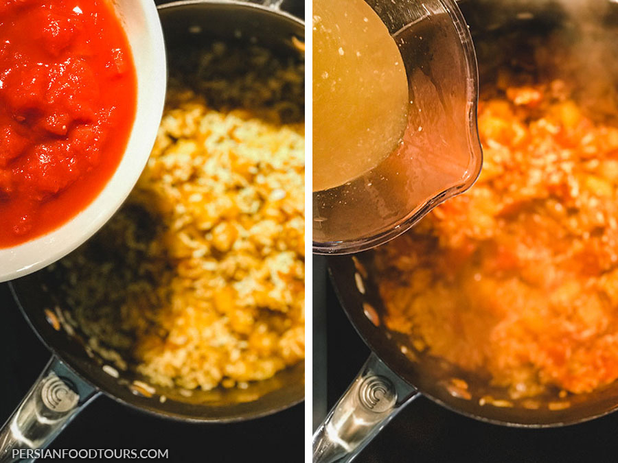Adding tomato and vegetable stock to Dami-e Gojeh