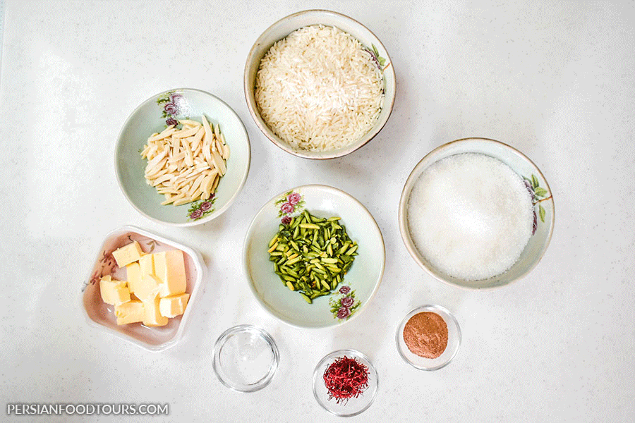 Persian saffron rice pudding ingredients